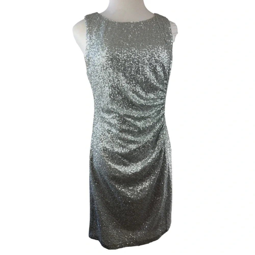 NWT Calvin Klein Sequin Ruched Sheath Shift Dress Silver Pleated Bodycon Size 14 - Picture 12 of 16